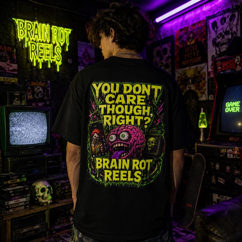 Brain Rot Reels You Don't Care Though Right neon horror T-shirt